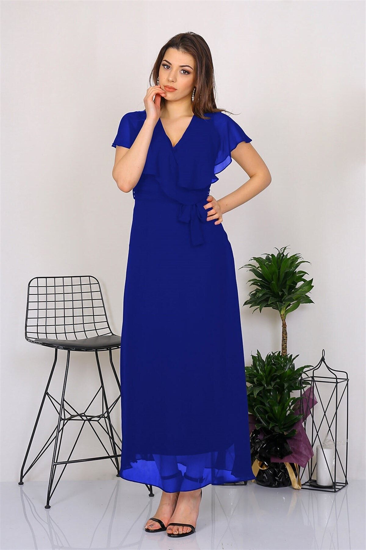 Neşeli Butik Kadın Saks Mavi Kruvaze Yaka Bağlama Detaylı Uzun Şifon Elbise Kts001