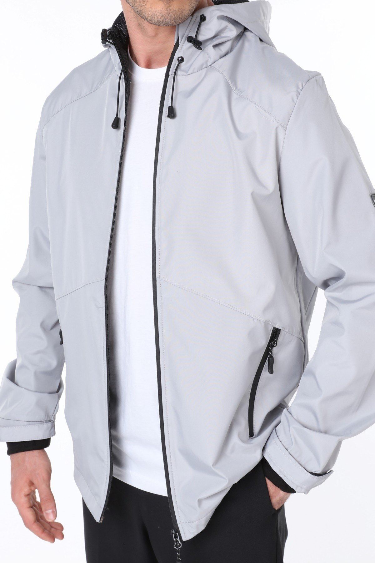 Ghassy Co Erkek Gri Rüzgarlık/Yağmurluk Outdoor Omuz Detaylı Mevsimlik Spor Ceket