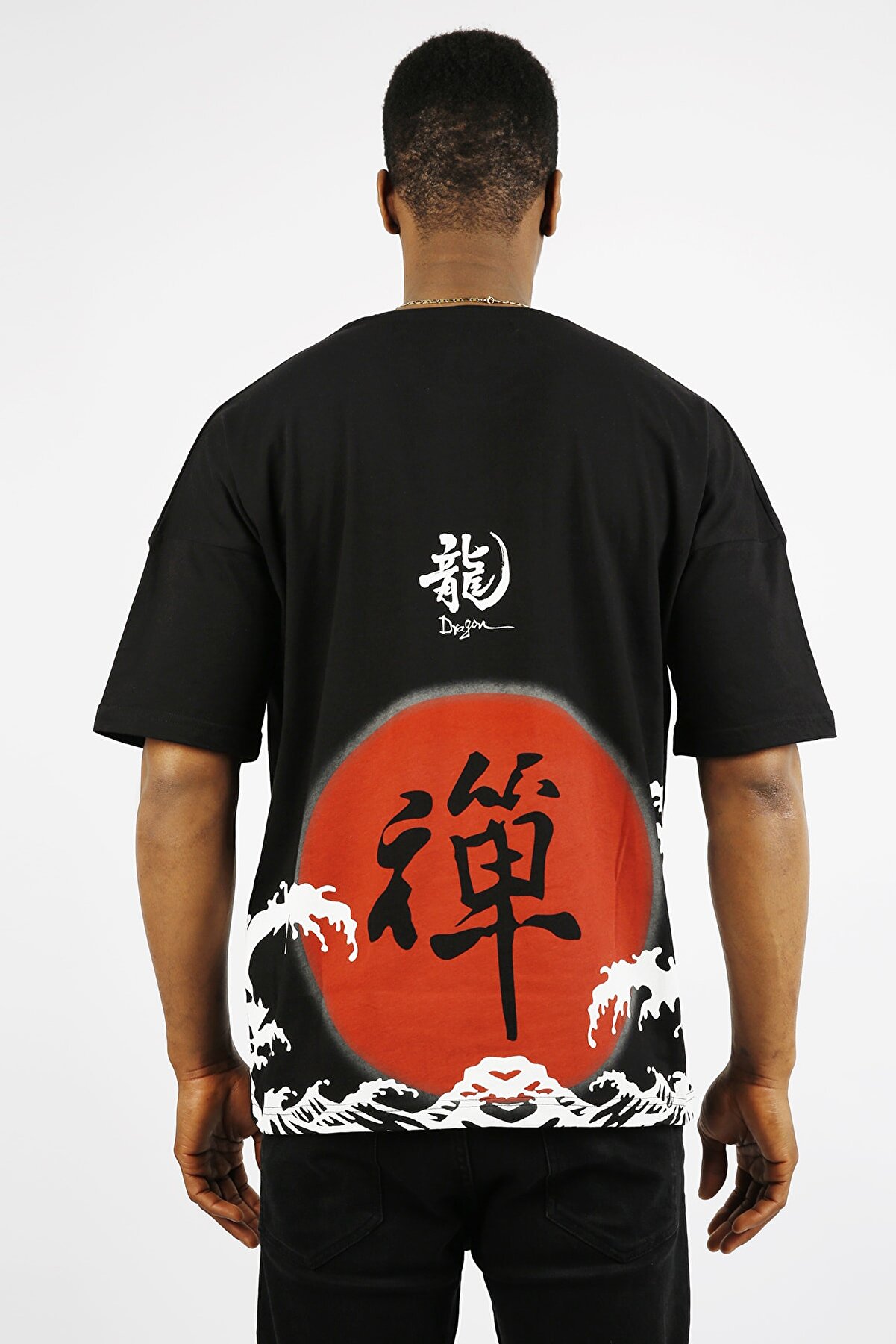XHAN Siyah Chinese Baskılı Oversize T-shirt 1yxe1-44910-02