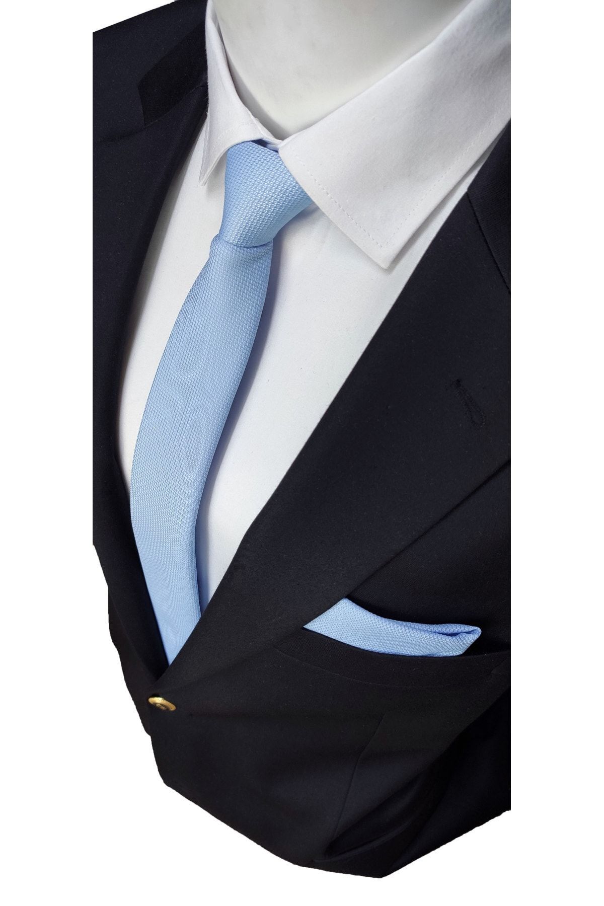 Elegante Cravatte Gök Mavi Renginde Armürlü Dokuma Kravat Ve Mendil