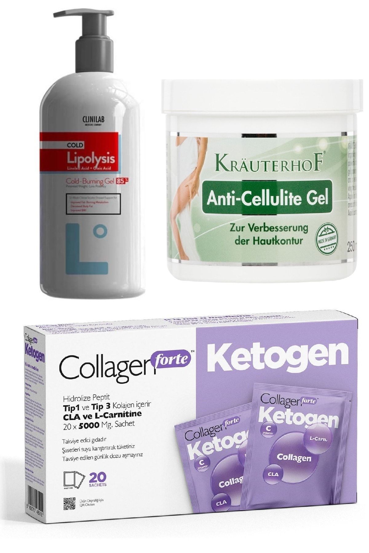 Krauterhof Lipolysis Cold Lipoliz Jel 250 ml  Anti Selulit Jel 250 ml Collagen Forte Ketogen 20 Şase