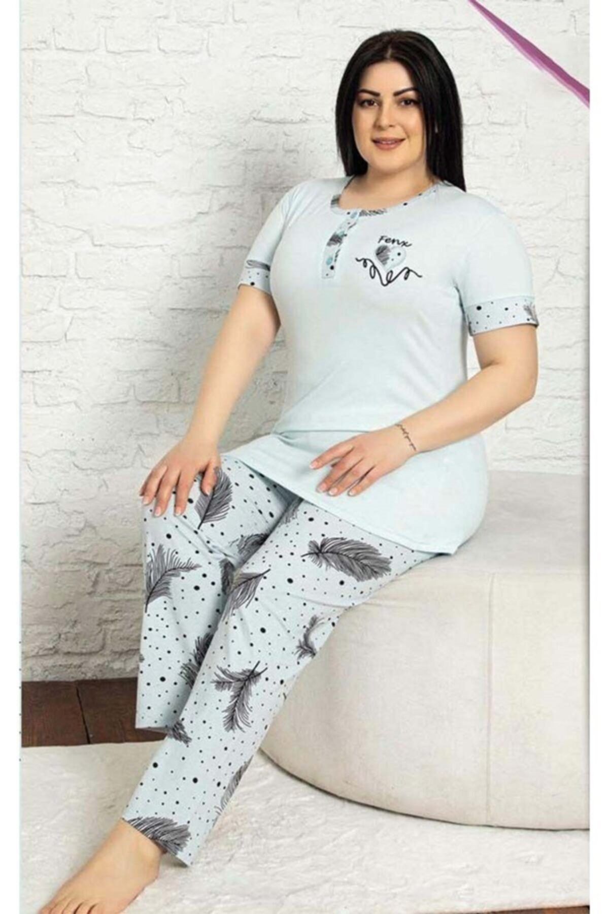 IMER FASHION Kadın Mavi Lıkralı Büyük Beden Kısa Kollu Pijama Takım