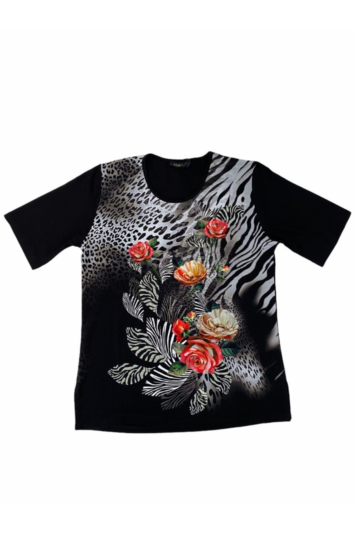 Elele Kadın Siyah Leopar Çiçek Desen Penye T-shirt