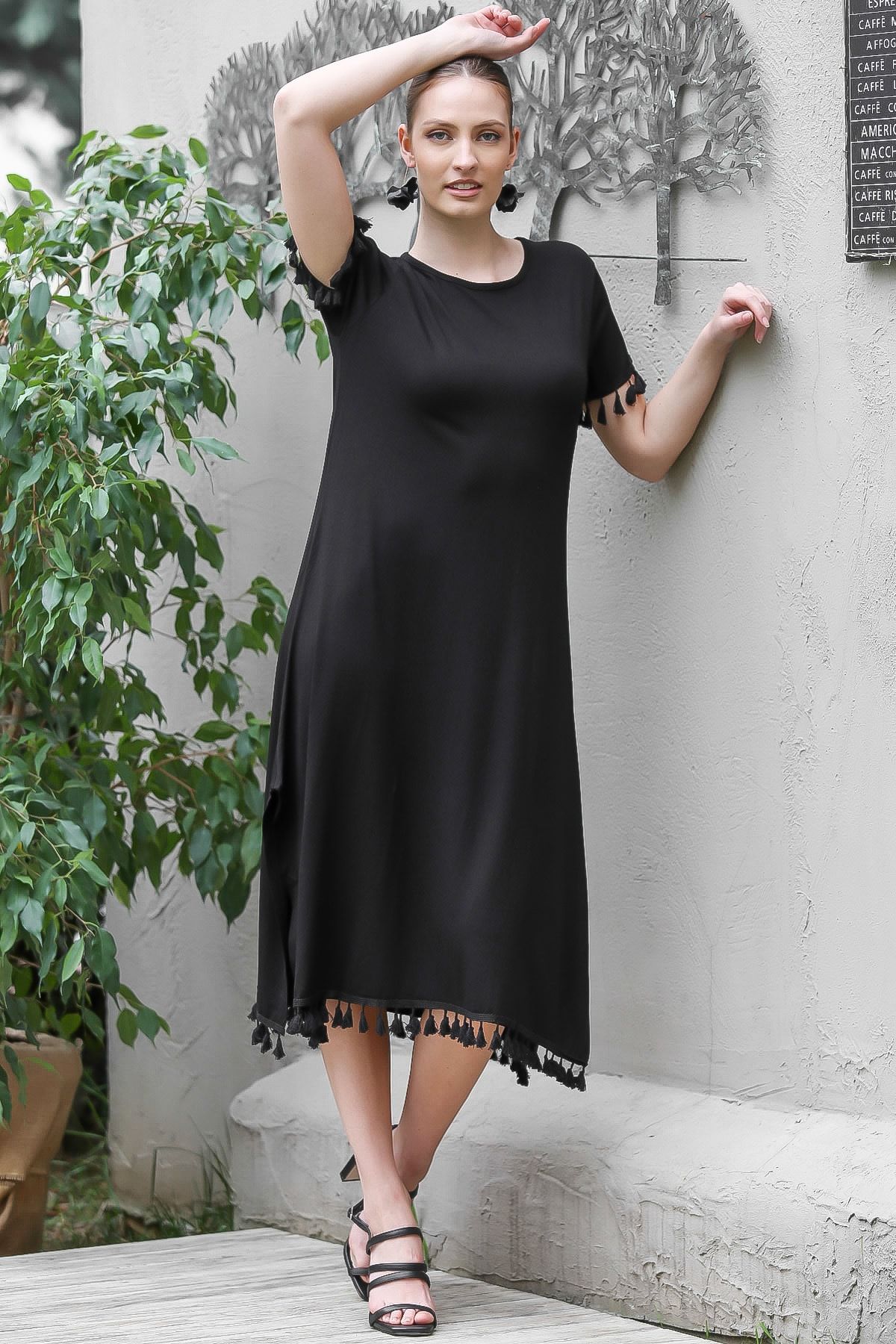 Chiccy Kadın Siyah Sıfır Yaka Kol Ve Etek Ucu Püsküllü Yırtmaçlı Elbise M10160000EL95067