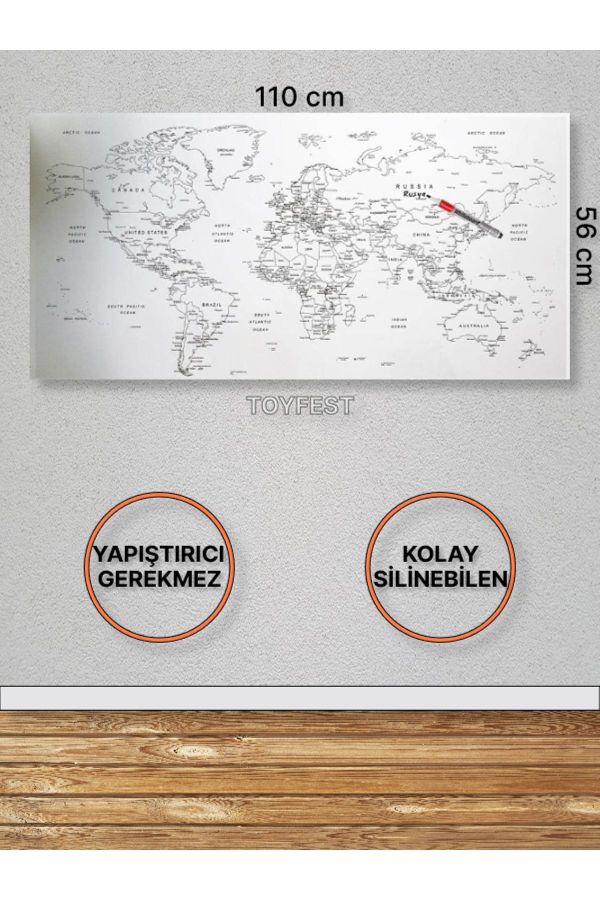 TOYFEST Duvara Kendiliğinden Manyetik Yapışan Yazılıp Silinebilen Dünya Haritası 110 X 56 Cm