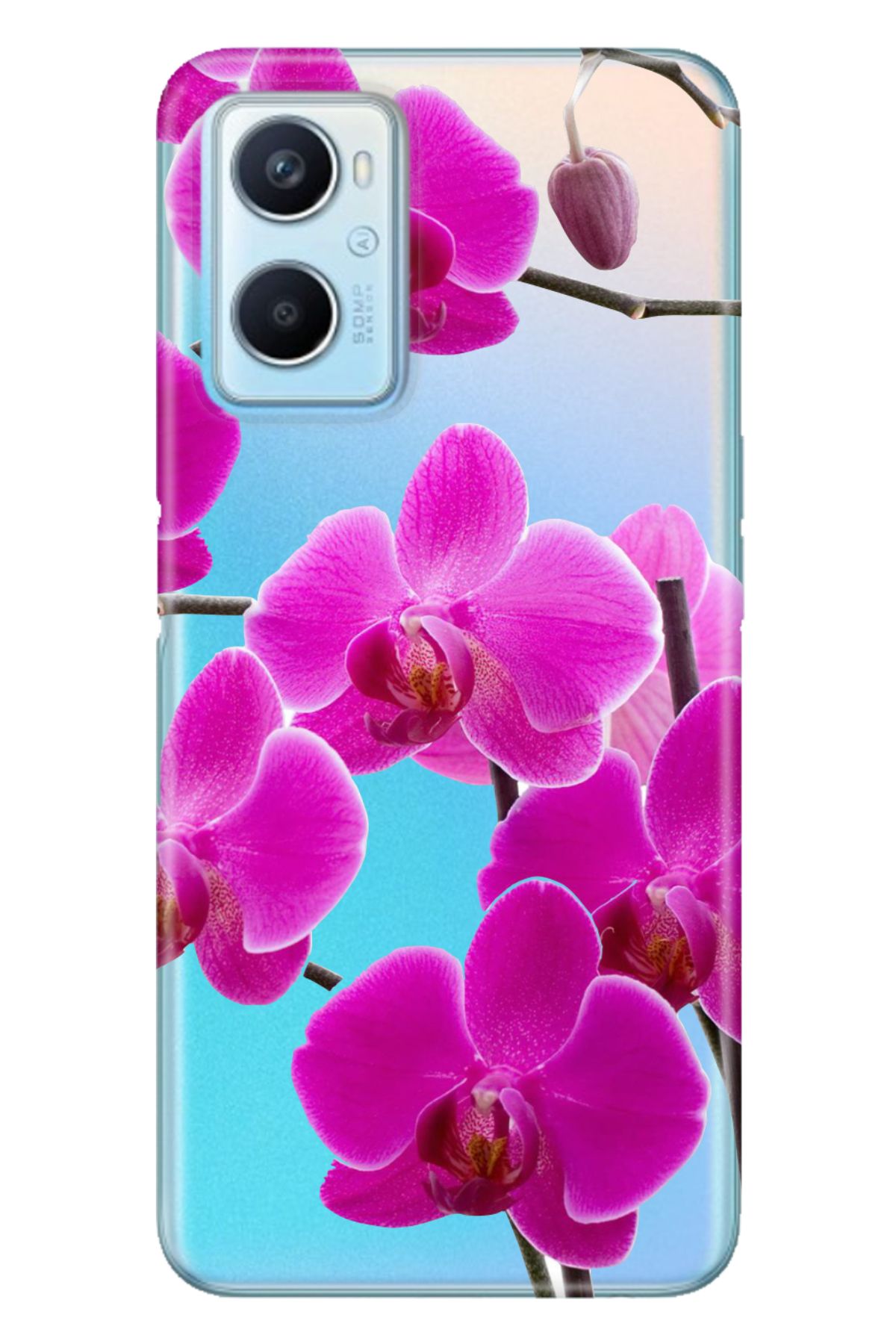 Oppo A96 Uyumlu Kılıf Silikon Desenli Tam Koruma Resimli Kapak Mor Orkide