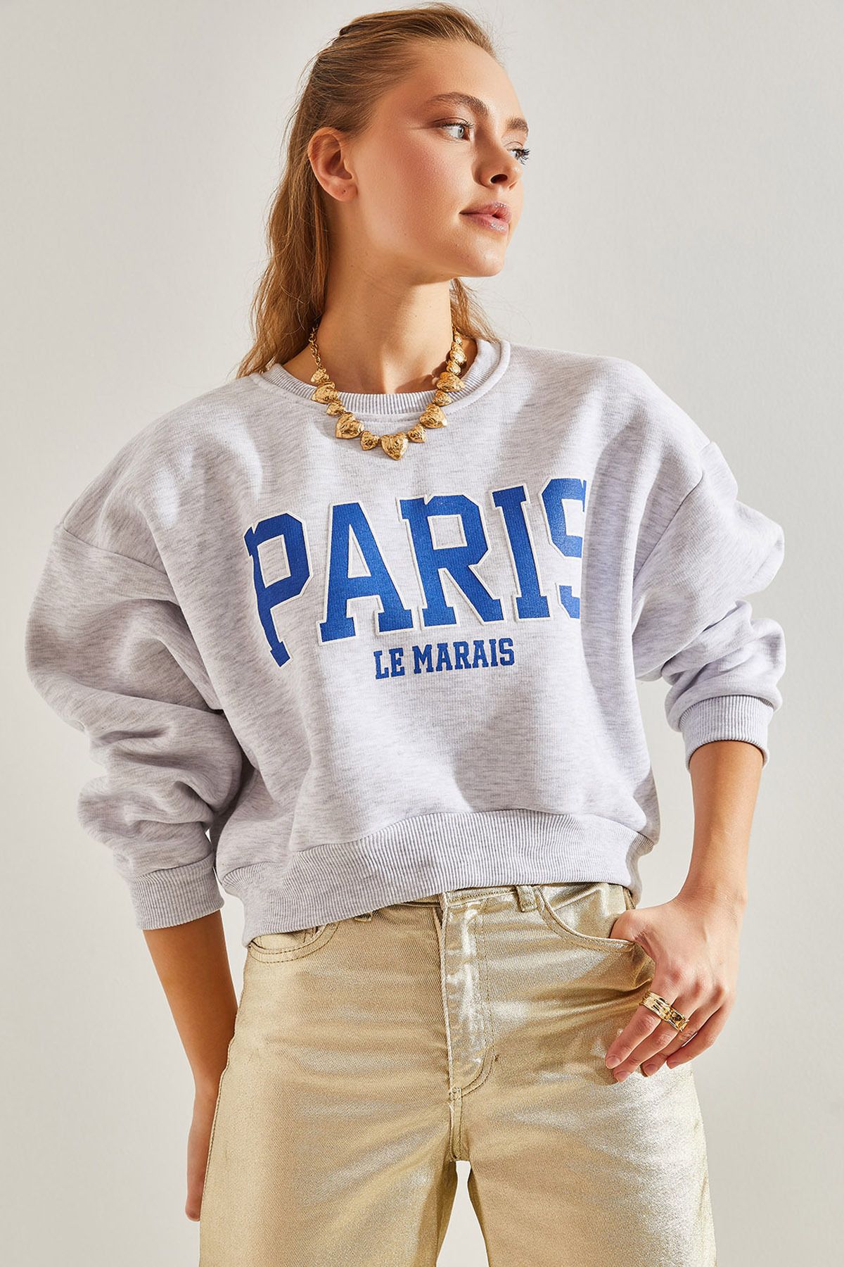 Bianco Lucci Kadın Paris Baskılı Üç İplik Şardonlu Sweatshirt