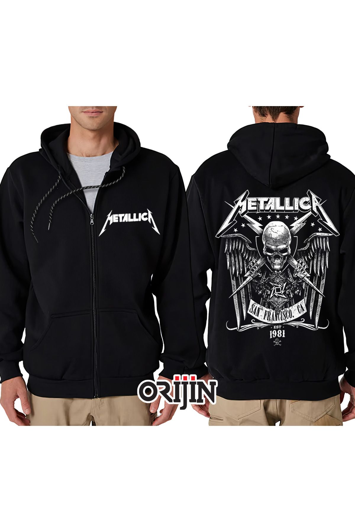 Orijin Tekstil Metallica San Francisco Est 1981 Ön Arka Baskılı Fermuarlı Kapüşonlu Siyah Sweatshirt