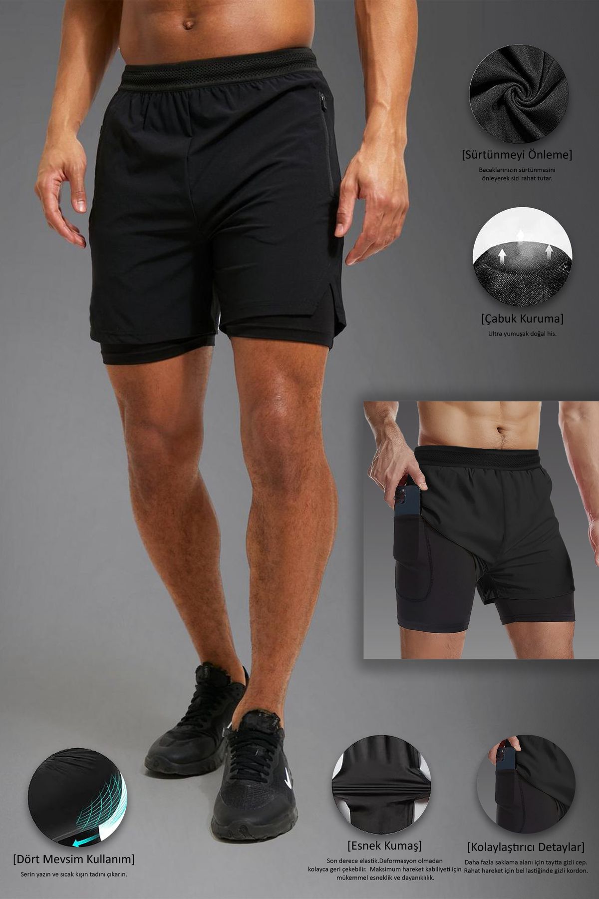 Man Of Man Unisex Gym Ve Fitness Astarlı Taytlı Şort / Gizli Cep Detaylı