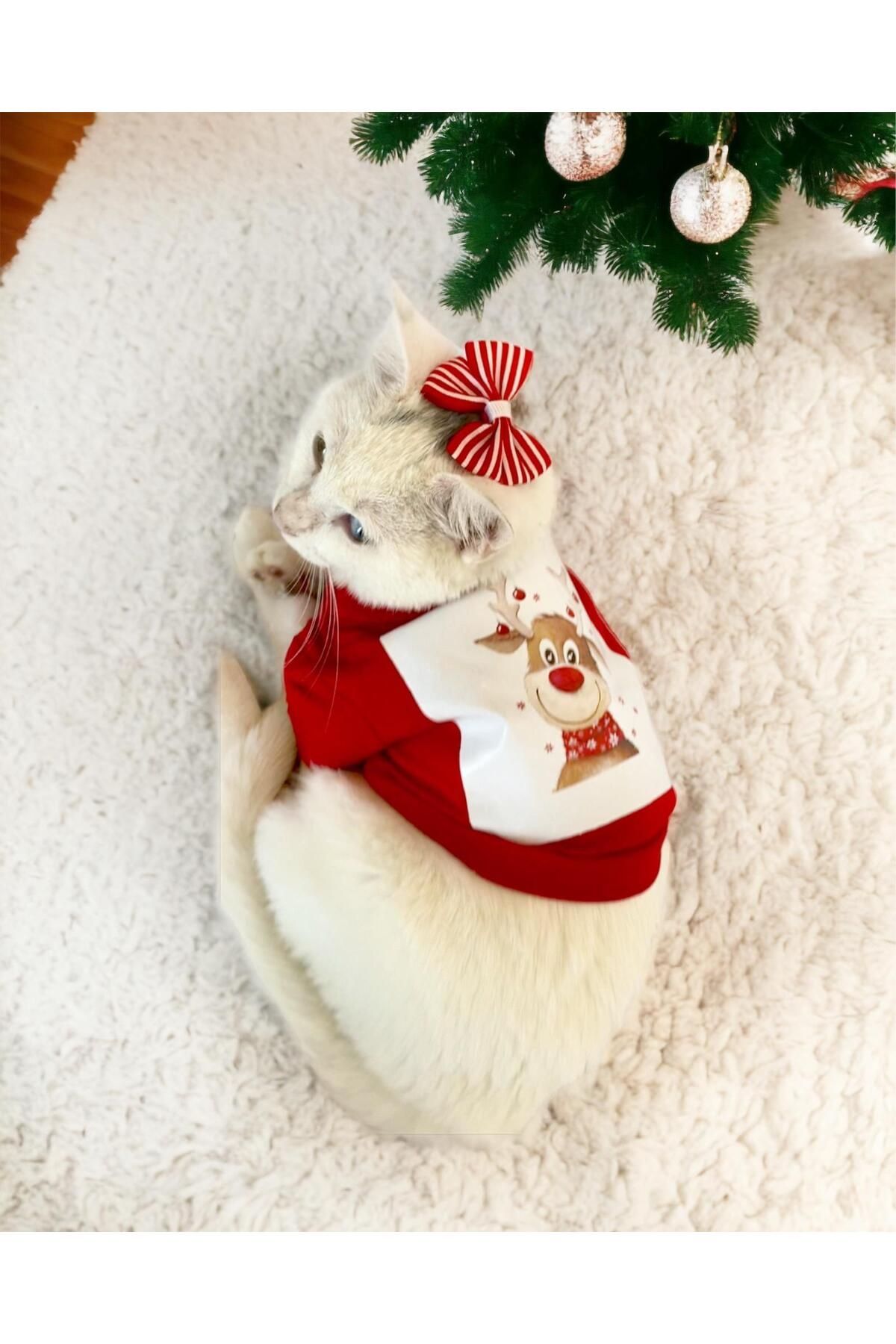 Kemique Rudolph Geyikli Kedi Tişörtü Yılbaşı Noel Christmas Kedi Elbisesi