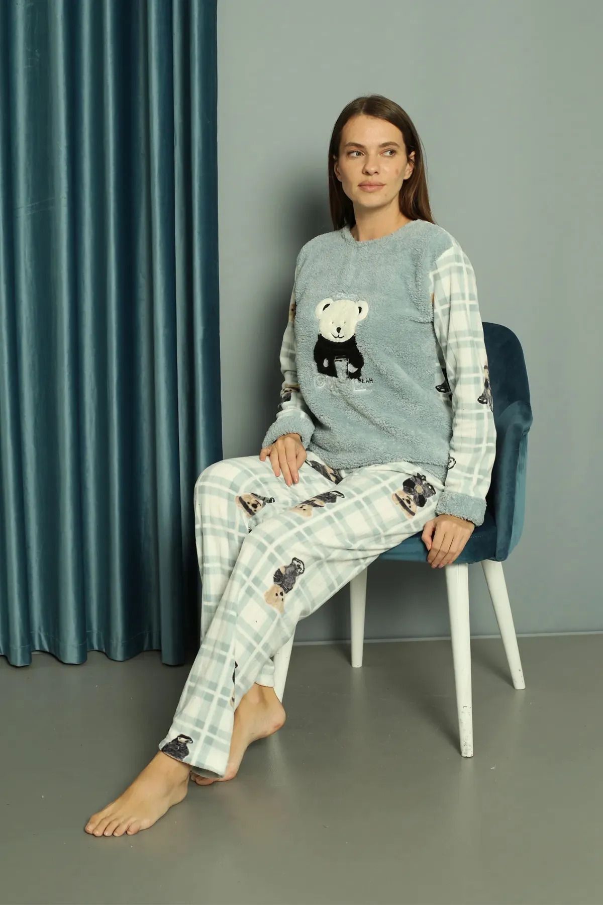 Sude Kışlık Polar Pijama Takımı Peluşlu Desenli Pijama Takım