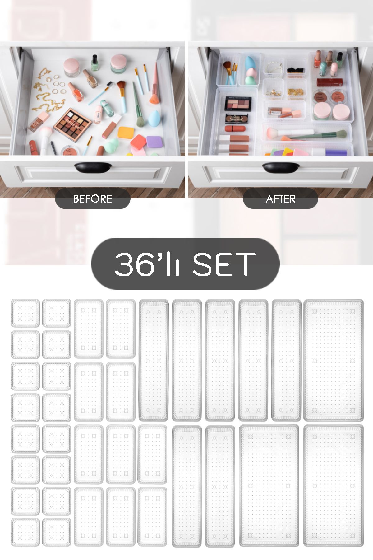 Meleni Home 36'lı Mega Set Modüler Çekmece İçi Organizer - Banyo Takı Aksesuar Düzenleyici Şeffaf