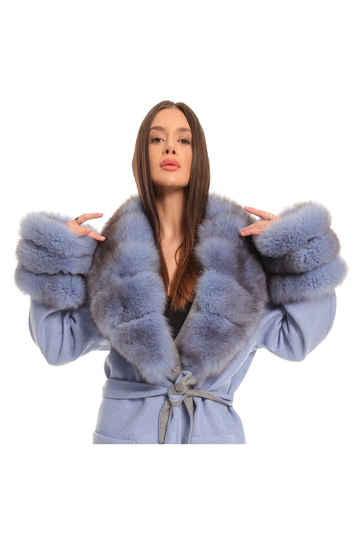 Genel Markalar %100 Real Furry Alpaca Blue Boss Women's Coat %100 Kürklü Alpaka Kadın Mavi Palto