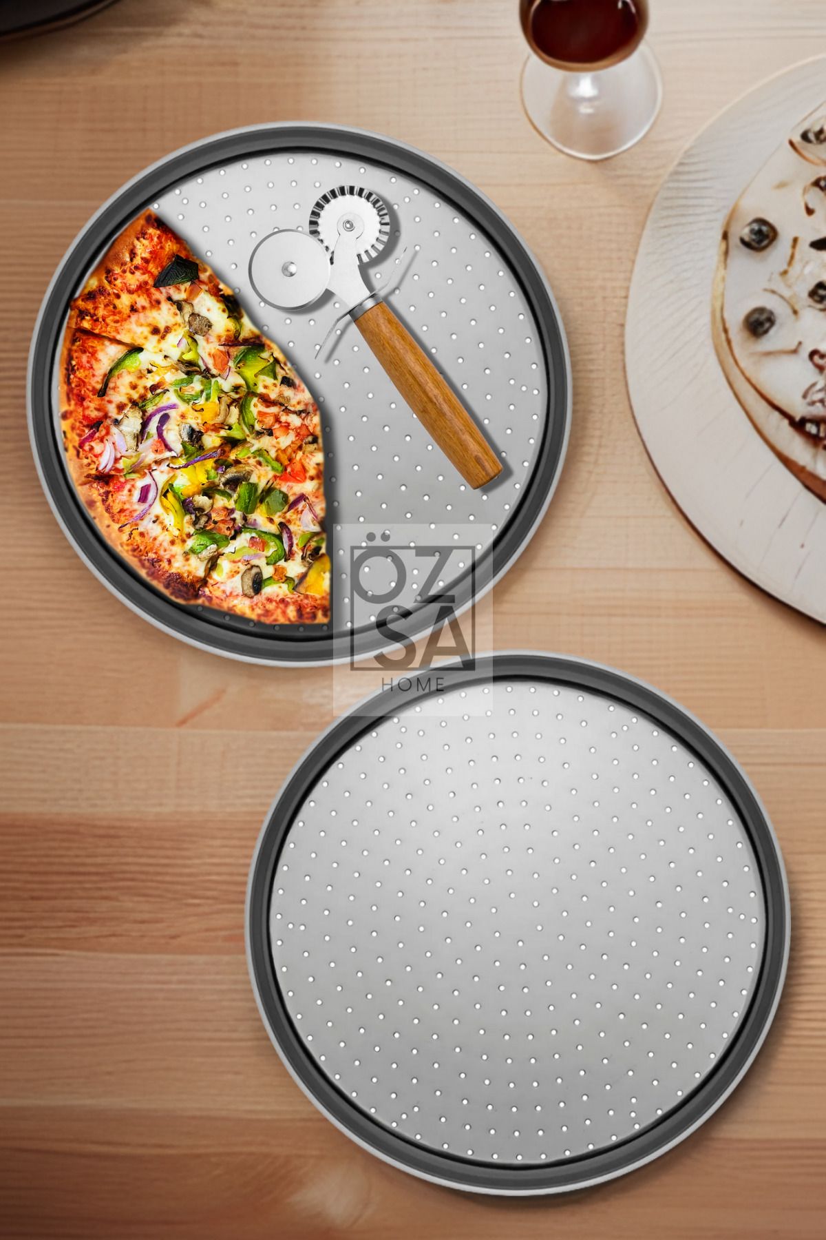 ÖzSa Home 2'li Büyük Boy Delikli Pizza Tepsisi Lahmacun Pide Tepsisi 36cm Bambu Çift Taraflı Pizza Ruleti Seti