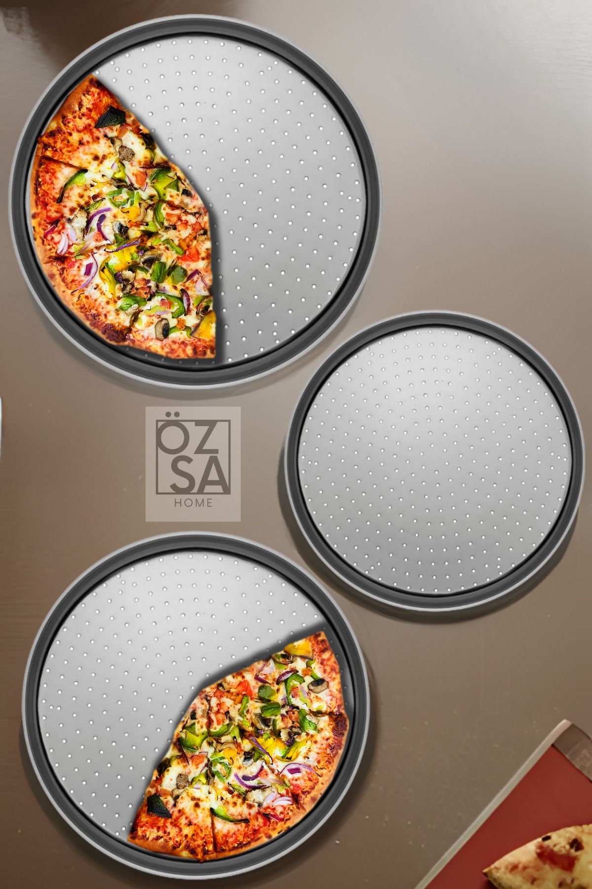 ÖzSa Home 3'lü Delikli Pizza Tepsisi Lahmacun Pide Tepsisi 28 - 32 - 36cm 3 Parça Çelik Pizza Tepsisi