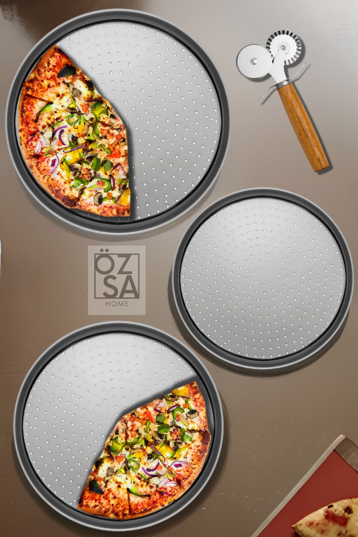 ÖzSa Home 3'lü Delikli Pizza Tepsisi Lahmacun Pide Tepsisi Çelik Tepsi Bambu Çift Taraflı Pizza Ruleti Seti