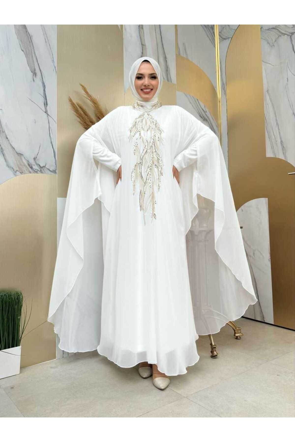 Bym Fashion Pul Payet İşlemeli Şifon Pelerinli Elbiseli Abiye Takım 3774 Ekru
