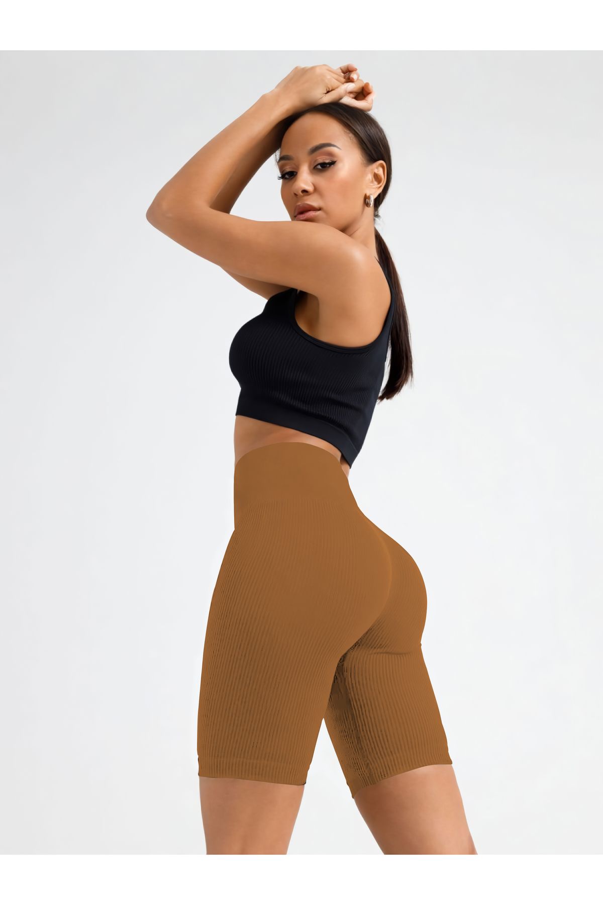 MİSTİRİK Dublin Model Fitilli Örme Şort Seamless Model Biker Şort Spor Şort Kısa Şort Caramel Renk