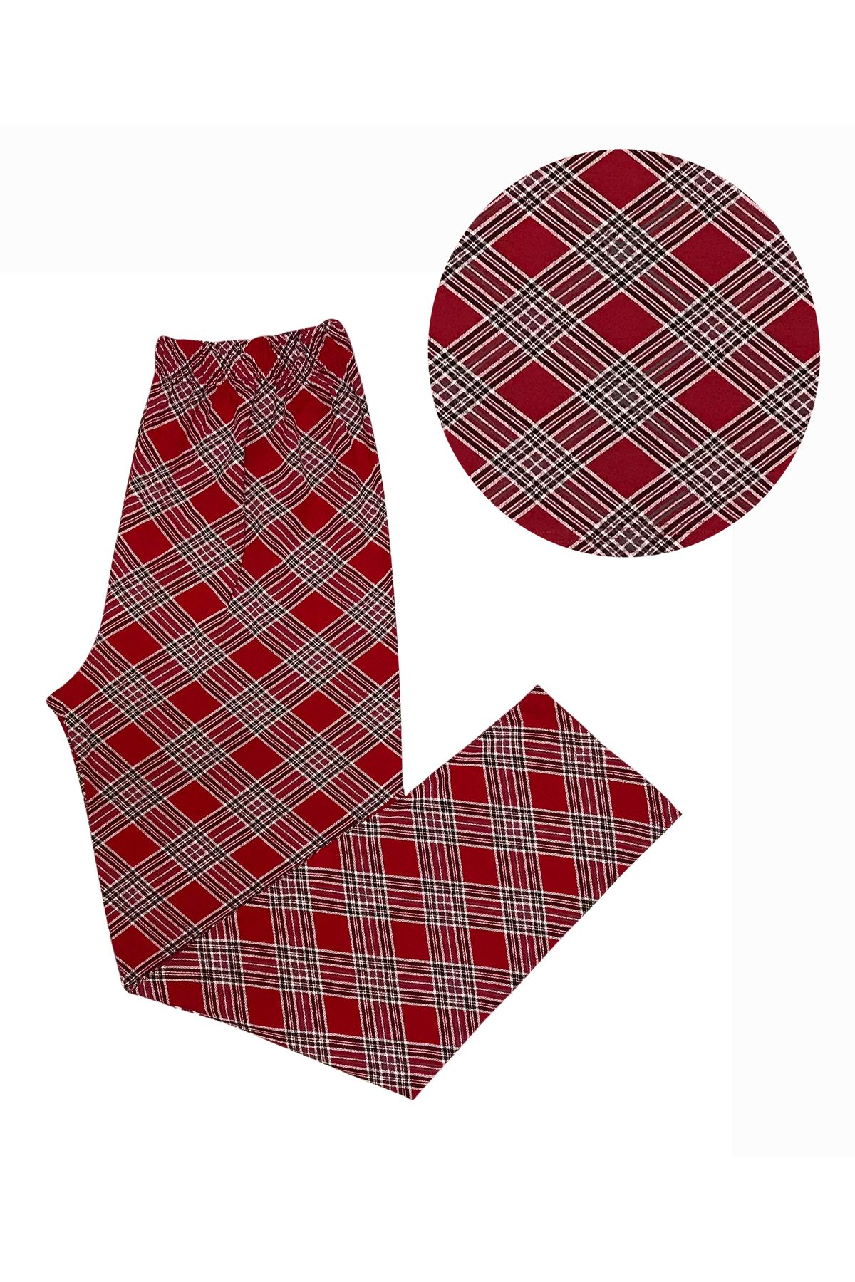 BUBİ GİYİM Yılbaşı Temalı Çapraz Ekose Desenli Kırmızı Örme Kadın Pijama Altı ( Geniş Beden Aralıklı)