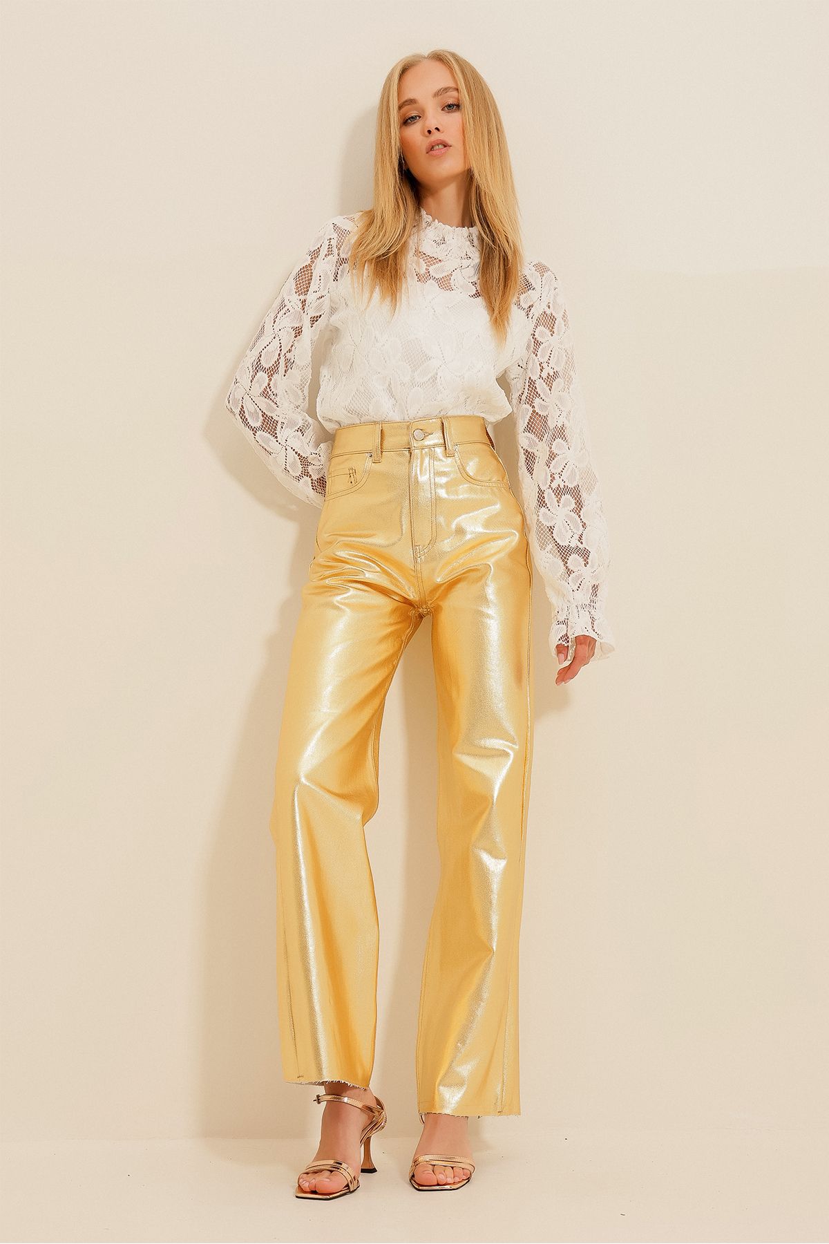 Trend Alaçatı Stili Kadın Gold Gold Kaplama Palazzo Pantolon ALC-X11241