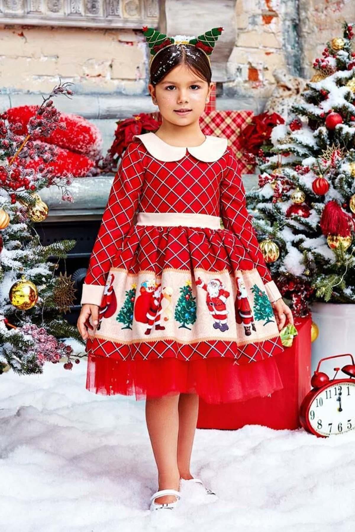 Riccotarz Kız Çocuk Bebe Yaka Noel Baba Baskılı Kareli Kırmızı Elbise