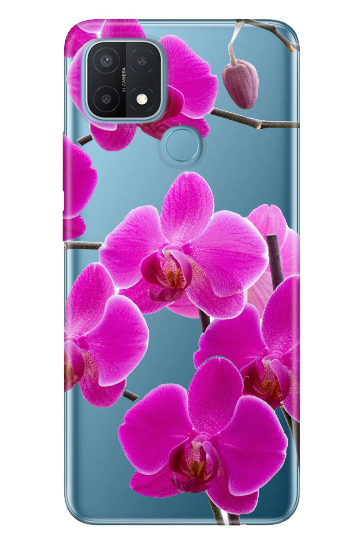 Oppo A15s Uyumlu Kılıf Silikon Desenli Tam Koruma Resimli Kapak Mor Orkide