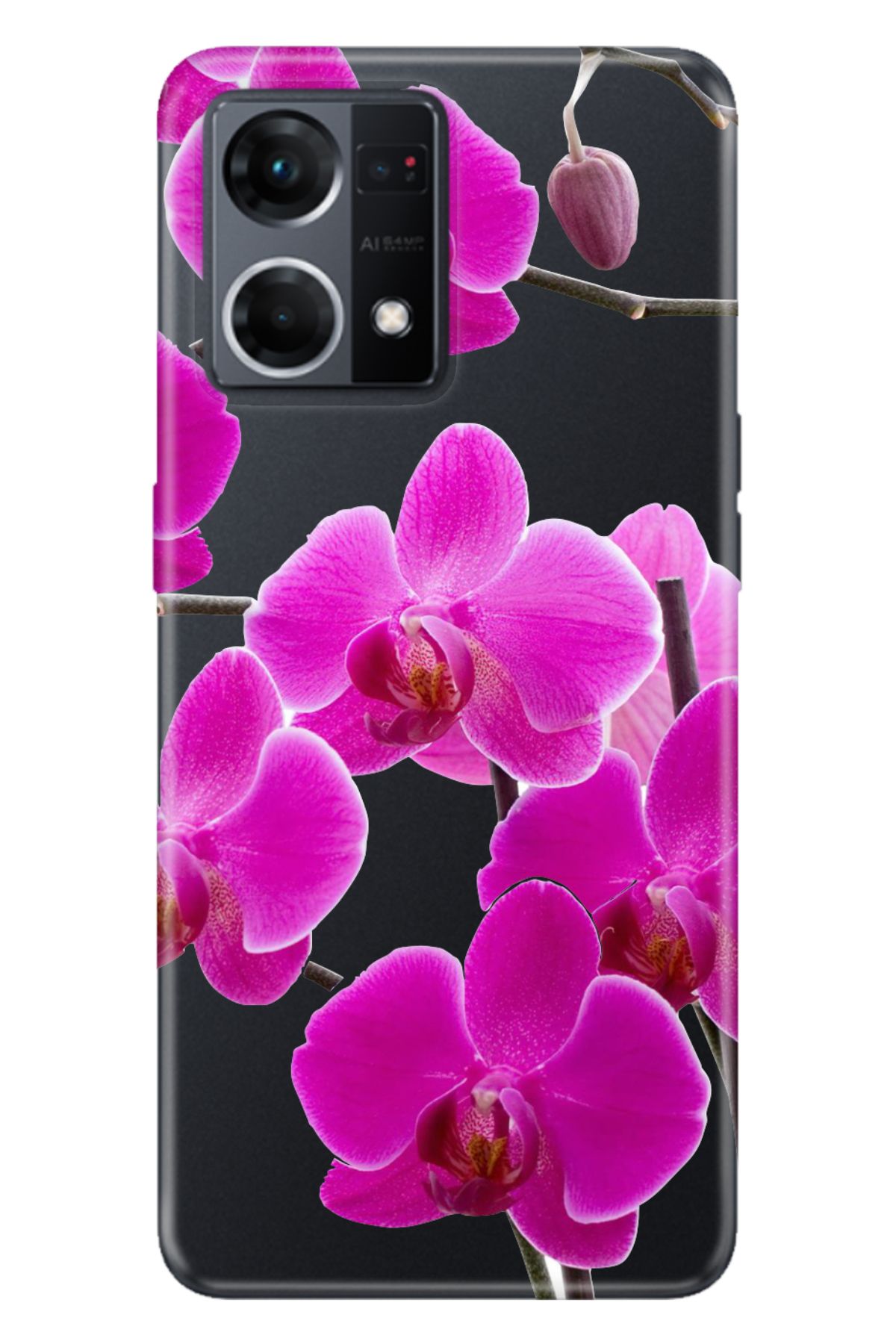 Oppo Reno 7 4G Uyumlu Kılıf Silikon Desenli Tam Koruma Resimli Kapak Mor Orkide