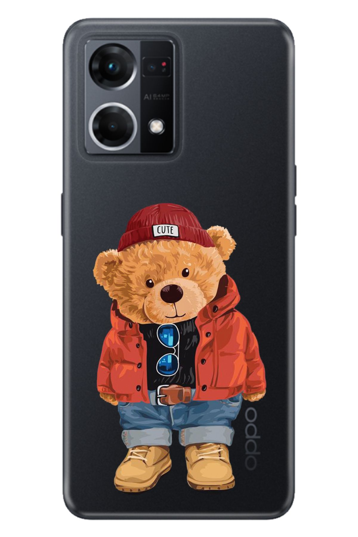 Oppo Reno 7 4G Uyumlu Kılıf Silikon Desenli Tam Koruma Resimli Kapak Teddy Bear