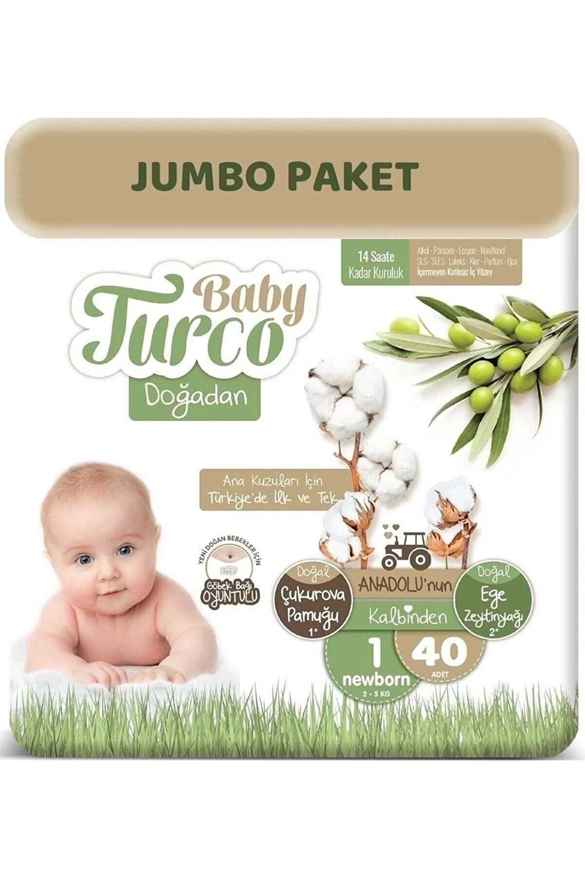 ÇAYLAR AVM Baby Turco Bebek Bezi Doğadan Beden:1 (2-5kg) Yeni Doğan 40 Adet (göbek Bağı Oyuntulu) Jumbo