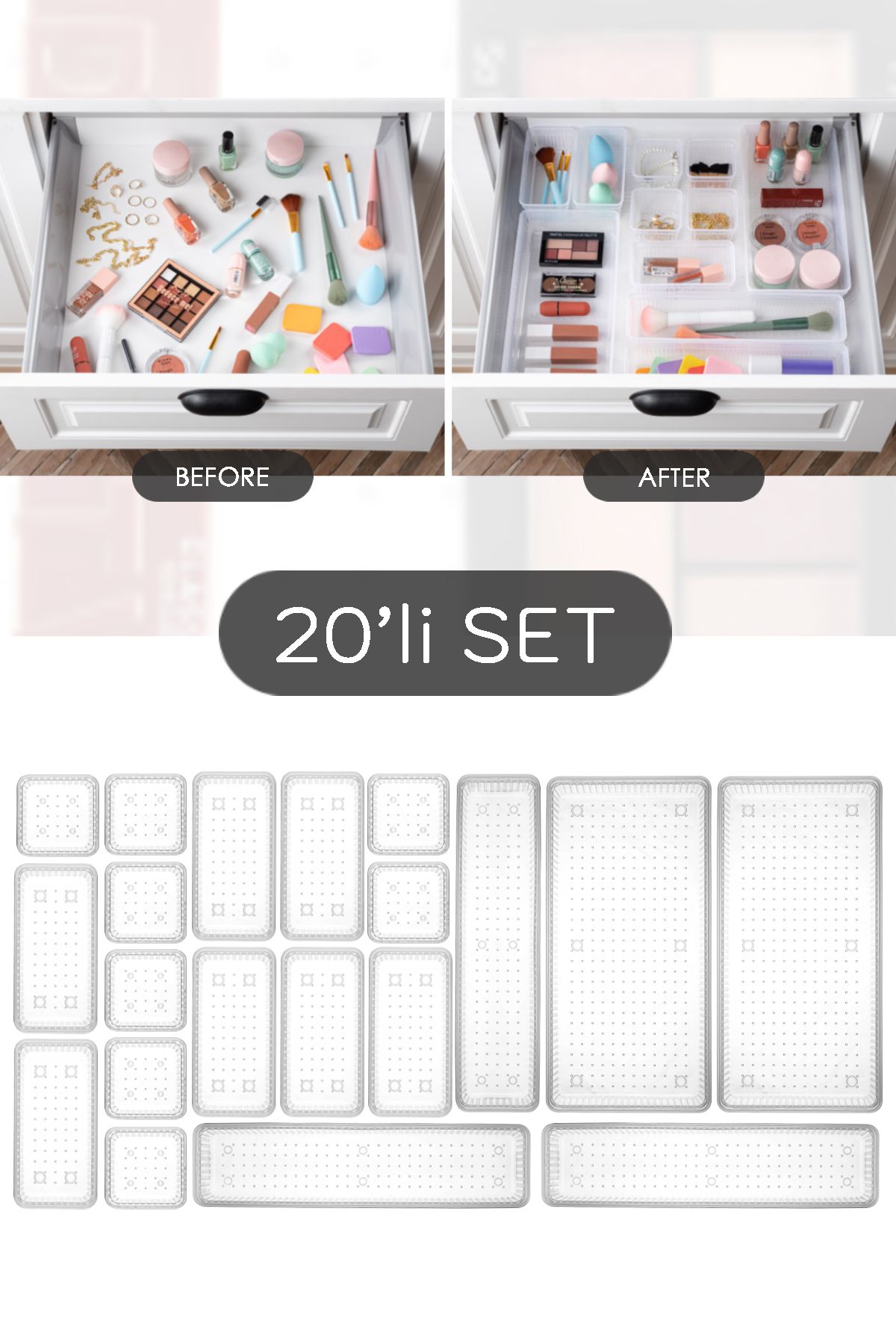Meleni Home 20 Parça Dolap İçi Düzenleyici - Mutfak Çekmece İçi Kaşıklık Kozmetik Organizer Şeffaf