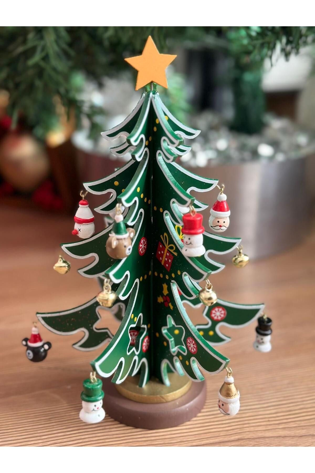 QUEEN AKSESUAR İthal ahşap yılbaşı hediye seti kendin yap süslü çam ağacı Noel baba zil yıldızlı dekorasyon ağaç