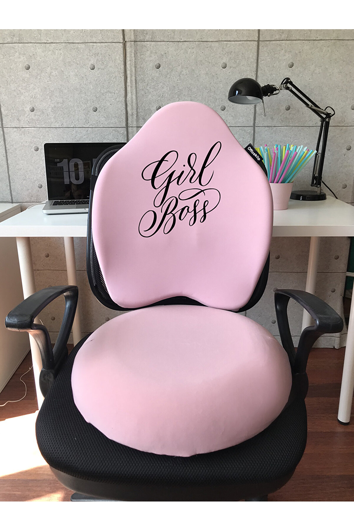 Officeküp Visco Gamer Bel Yastığı ve Oturma Minderi 2'li Set - Pembe Girl Boss