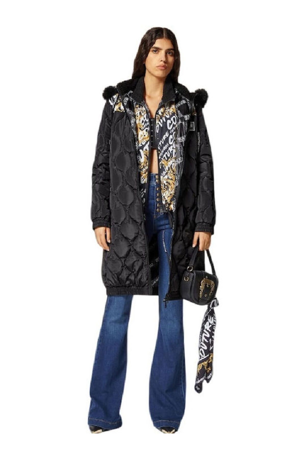 Versace Kadın Kapüşonlu Yaka Fermuarlı Uzun Kollu Siyah Ceket 73HAT411 CQS41-G89