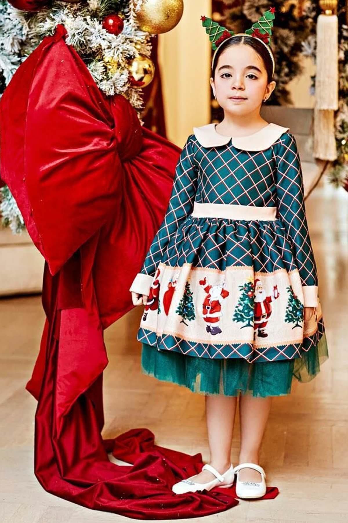 Riccotarz Kız Çocuk Bebe Yaka Noel Baba Baskılı Kareli Yeşil Elbise