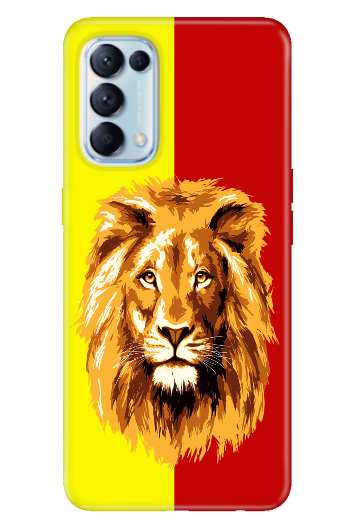 Oppo Reno 5 Uyumlu Kılıf Silikon Desenli Tam Koruma Resimli Kapak Sarı Kırmızı Parçalı Aslan
