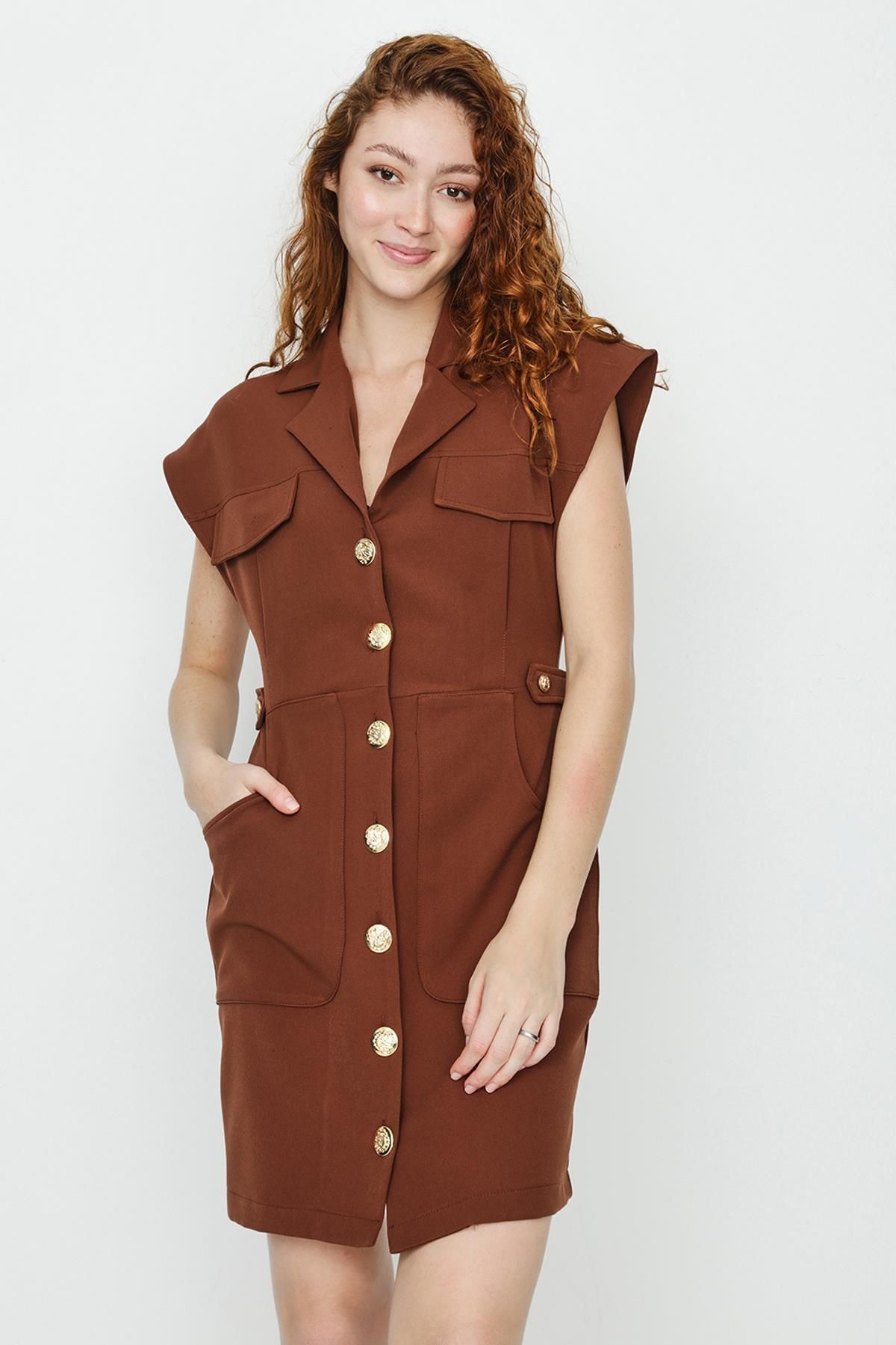 Select Moda Kadın Dokuma Düğme Detaylı Gömlek Elbise