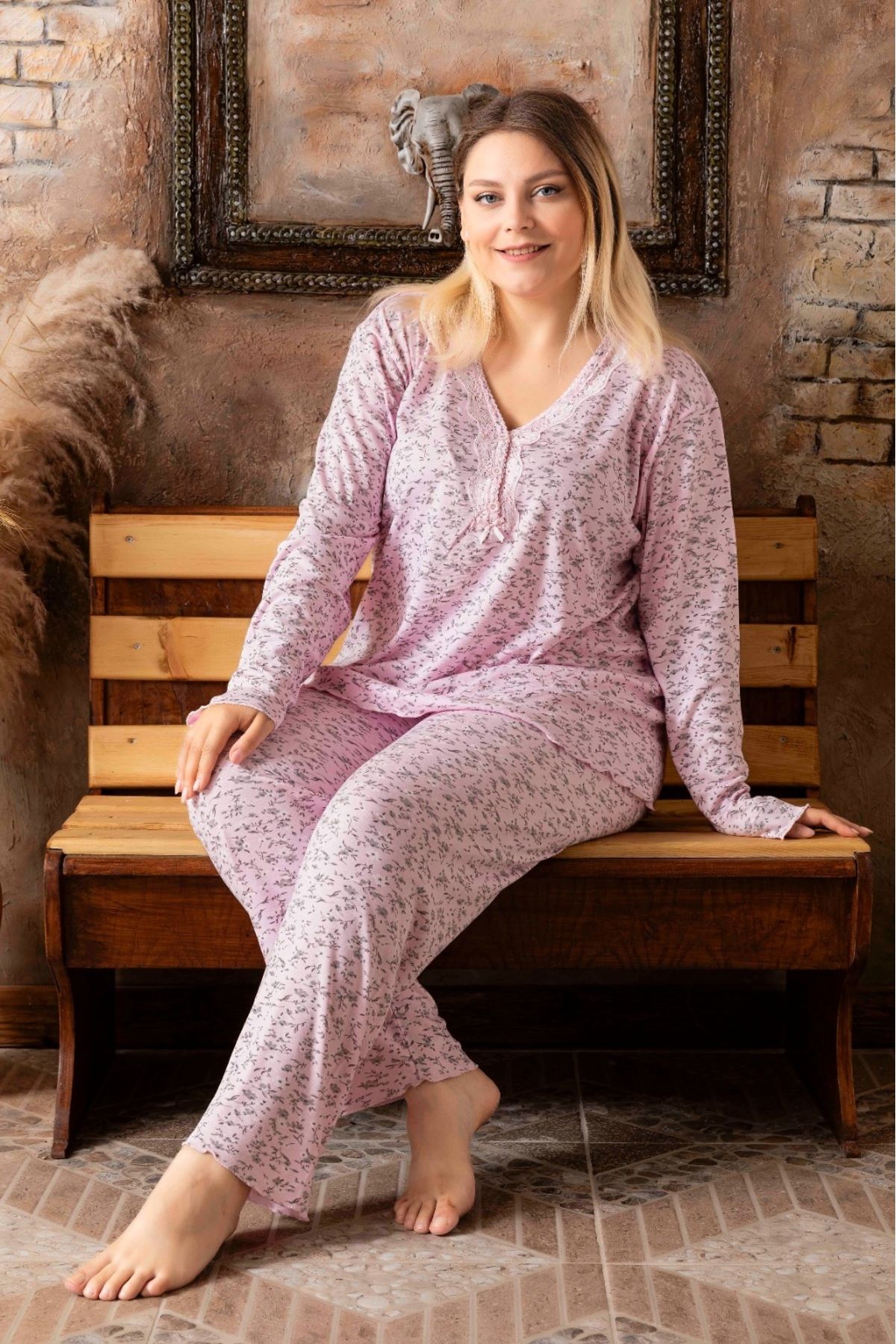 Lukitus Uzun Kollu Bambu Kadın Büyük Beden Pijama Takımı