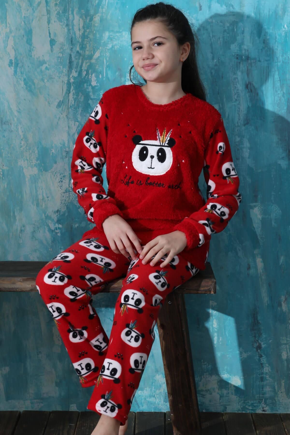 Pijamaevi Kırmızı Life Panda Desenli Kız Çocuk Peluş Pijama Takımı