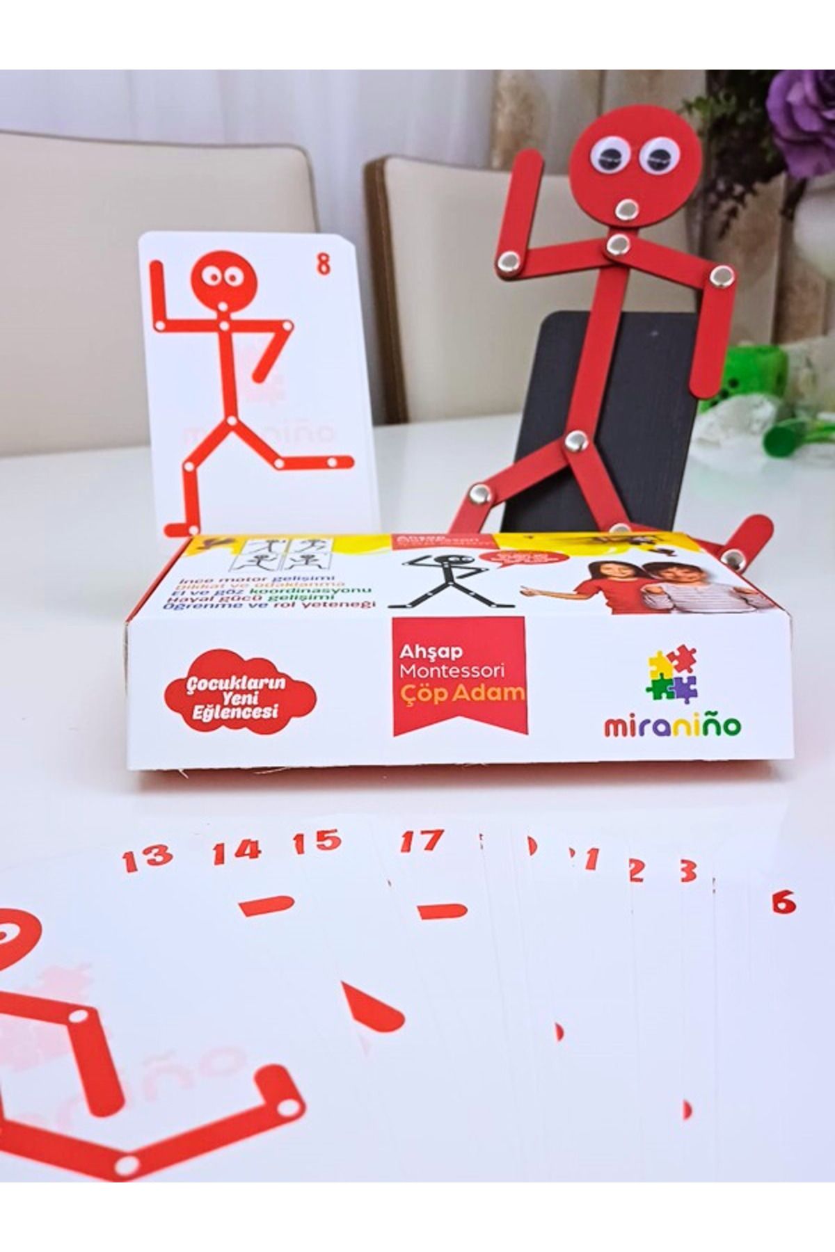 BYENS 100. Yıla Özel Kırmızı Ahşap Eğitici Oyuncak Montessori Çöp Adam Siyah 30'lu Görev Kartı