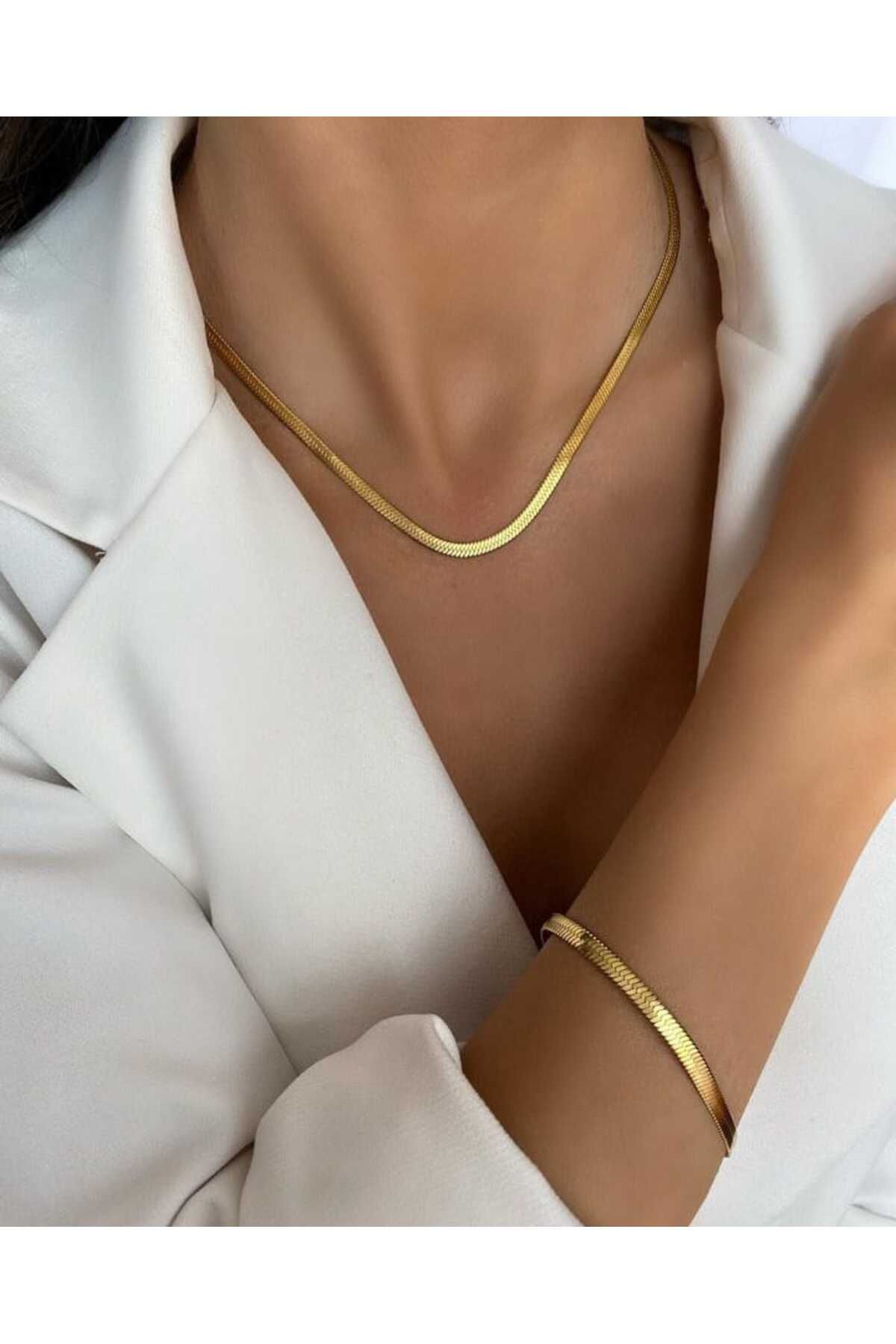 livaz accessories Çelik Kadın Ince Gold Italyan Set Kolye Ve Bileklik