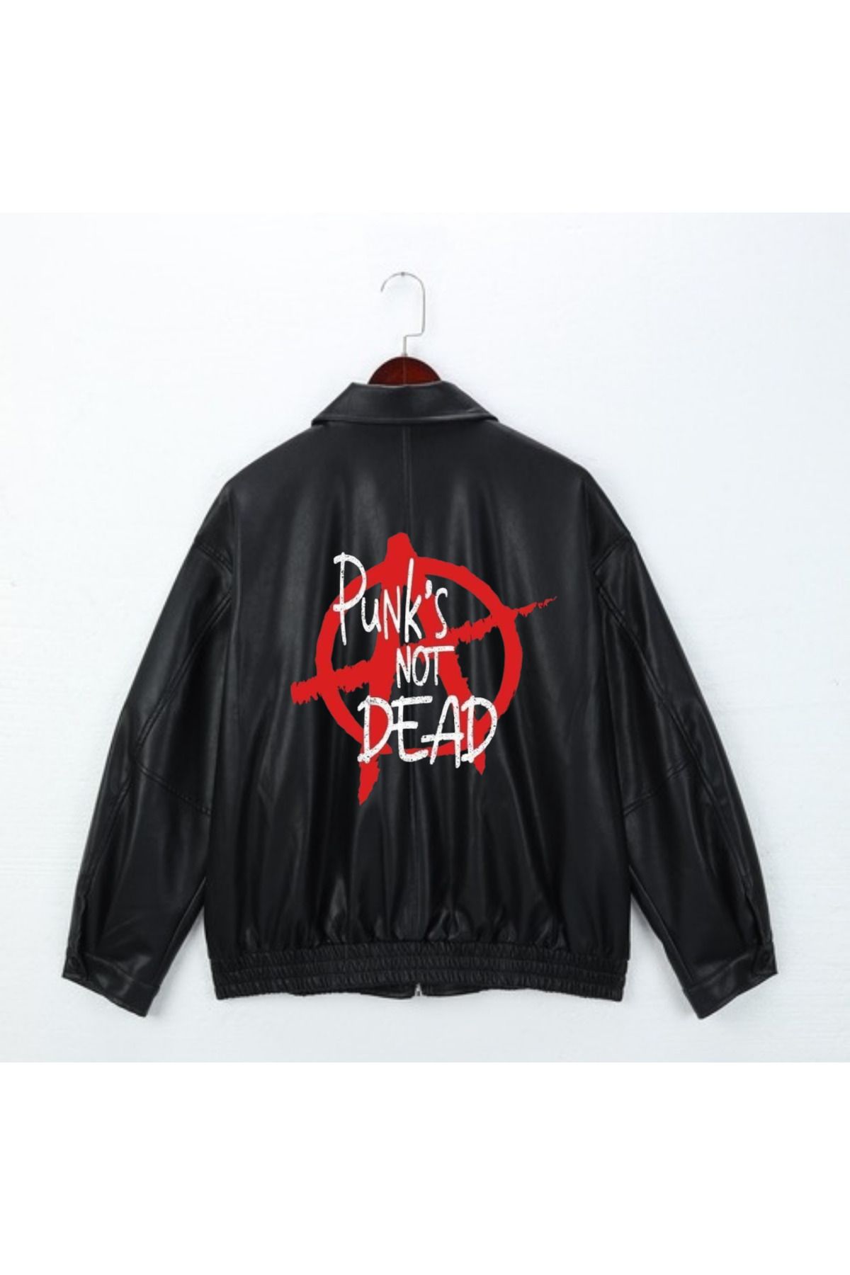 Touz Punk's Not Dead Baskılı Streetwear Siyah Oversize Unisex Astarlı Deri Ceket