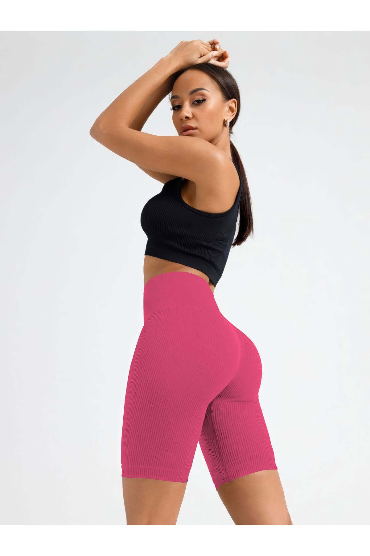 MİSTİRİK Dublin Model Fitilli Örme Şort Seamless Model Biker Şort Spor Şort Kısa Şort Şekerpembe Renk