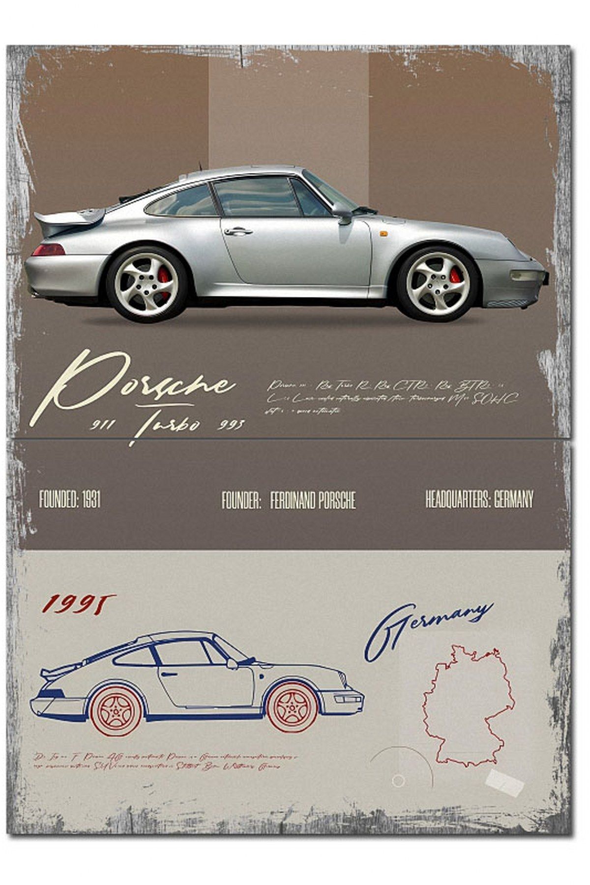 Tablomega Porsche 911 Turbo Desenli Mdf Tablo 70cmX 100cm