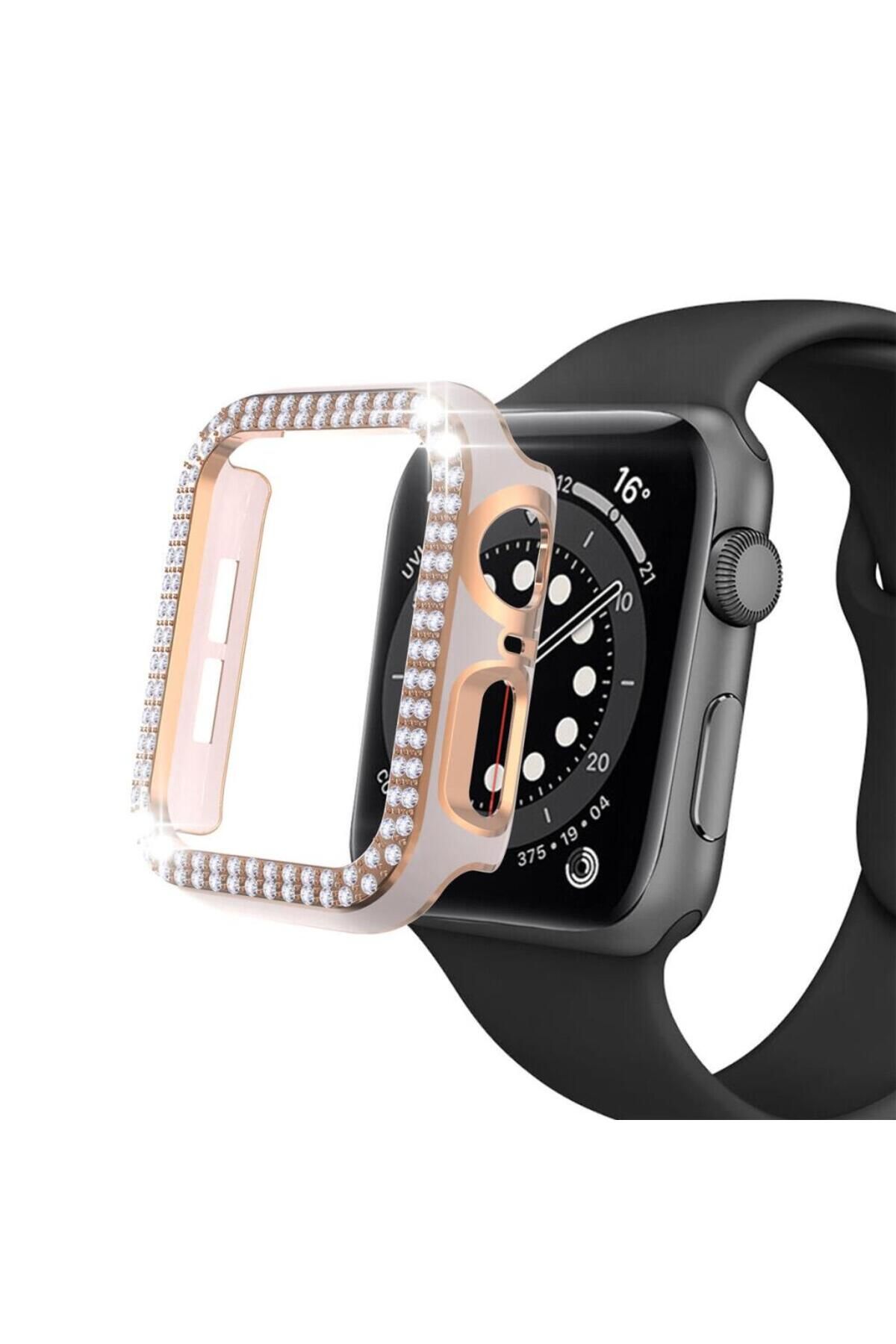 Techmaster Apple Watch 5 6 44mm Uyumlu Çift Sıra Parlak Taşlı Rubber Kasa Kapak