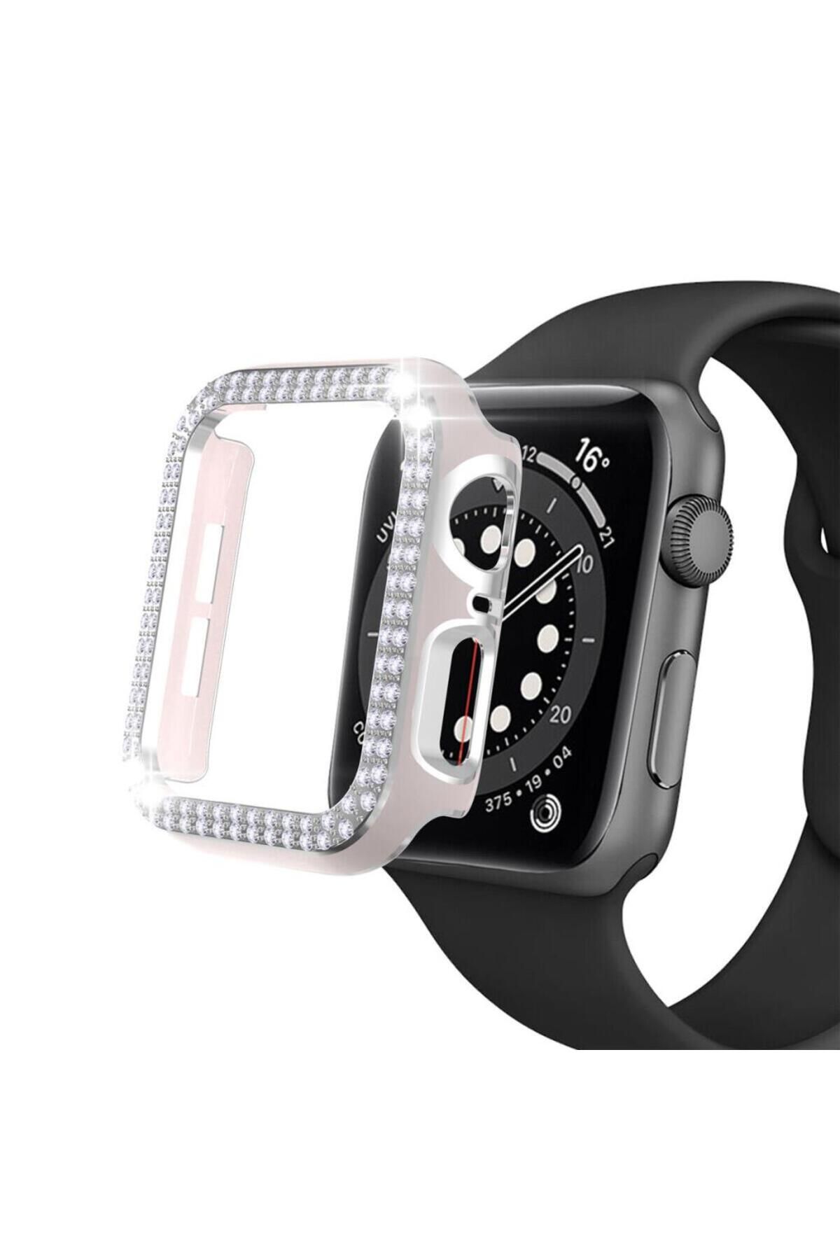 Techmaster Apple Watch 7 41mm Uyumlu Çift Sıra Parlak Taşlı Rubber Kasa Kapak