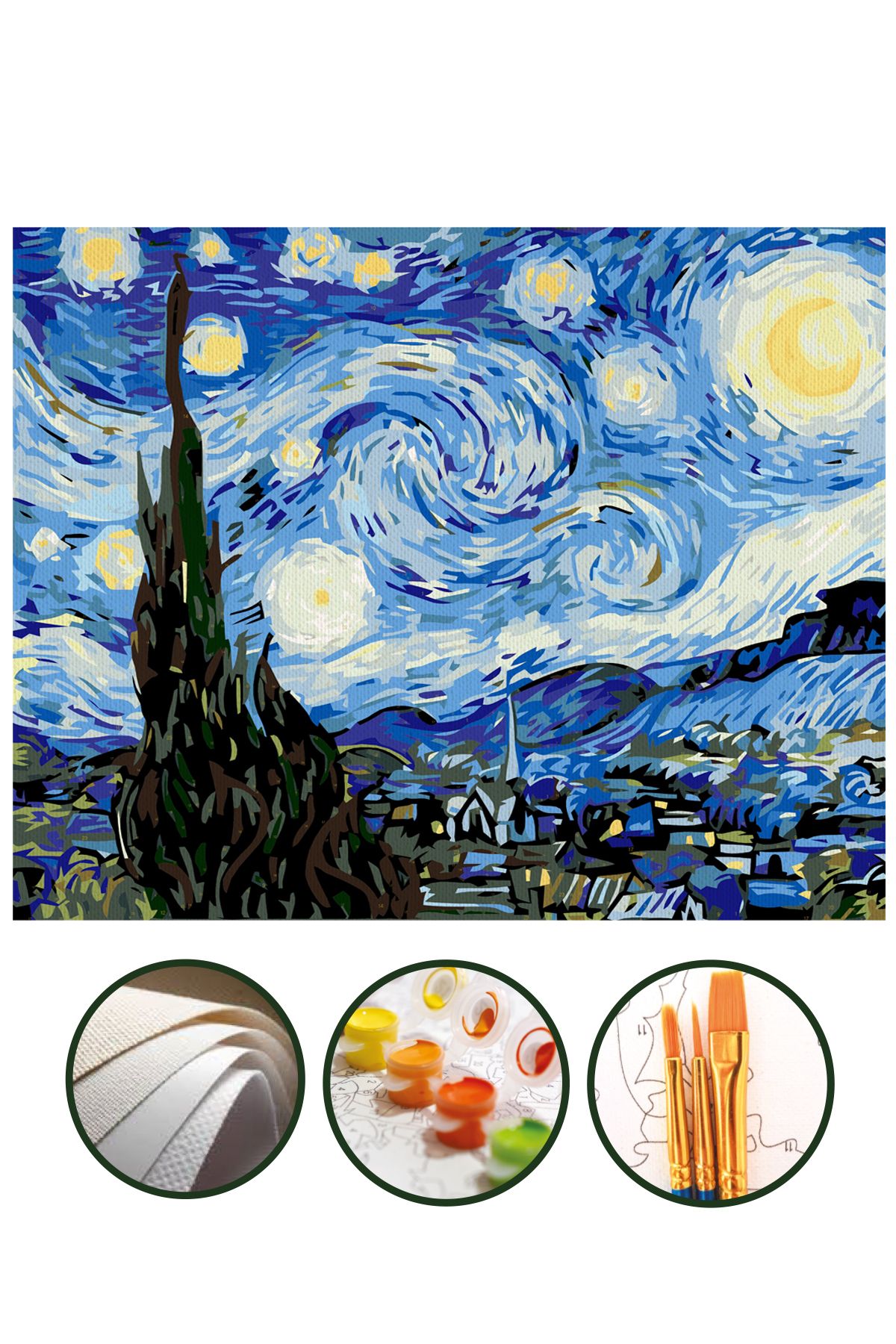 Palmiye Hobi Sanat Kırtasiye Sayılarla Boyama Hobi Seti Fırça Boya Dahil (Çıtasız Bez) 40x50 CM - Van Gogh Yıldızlı Gece