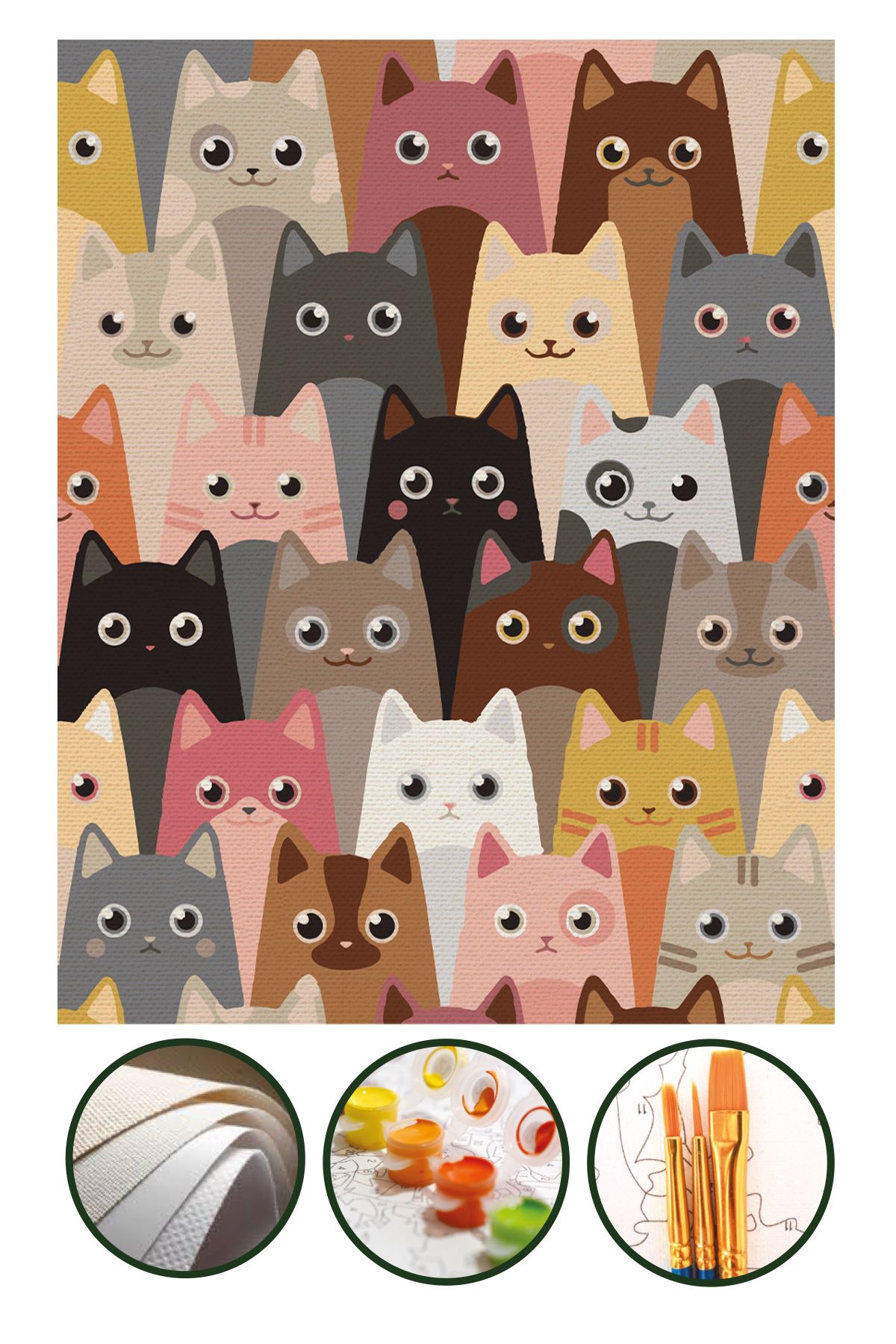 Palmiye Hobi Sanat Kırtasiye Sayılarla Boyama Hobi Seti Fırça Boya Dahil (Çıtasız Bez) 40x50 CM - Kediler
