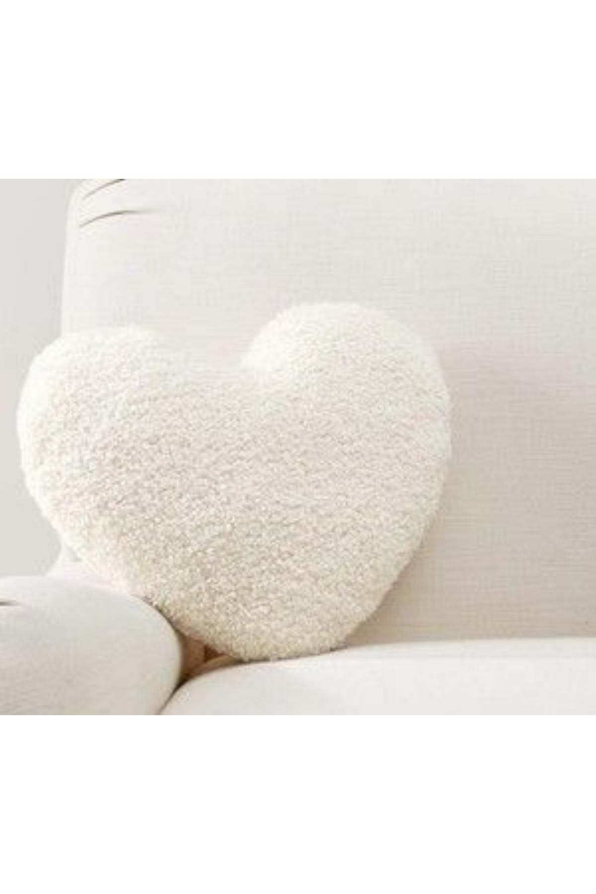 Bc Home Beyaz Kalp Şekilli Kıvırcık Peluş Dekoratif Yastık / Kırlent (İç Dolguludur) Yılbaşı