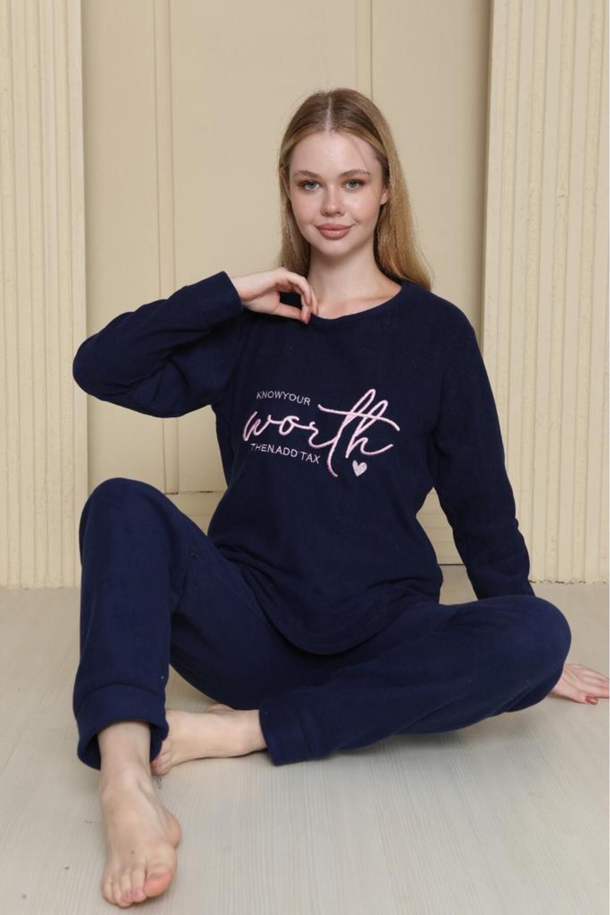 Genel Markalar Lacivert Polar Uzun Kollu Kışlık Kadın Pijama Takımı