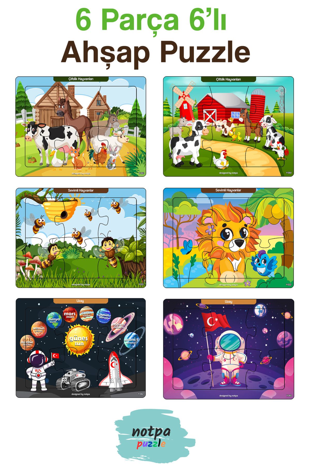 kutuTR Notpa Çocuklar Için Eğitici Ve Öğretici Ahşap 6 Parça 13x17 Renkli Puzzle 6'lı Set-603